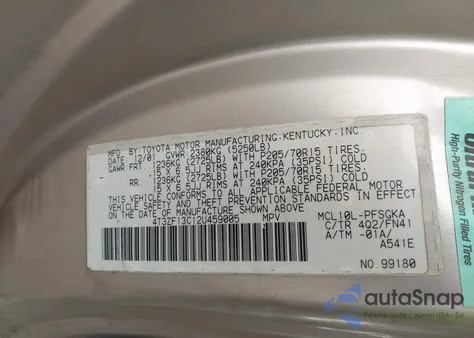 2002 Toyota Sienna Le z USA, uszkodzony, nr VIN 4T3ZF13C12U459005